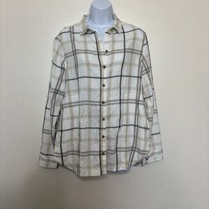 Jachs Girlfriend NY Flannel Shirt Womens Small White Plaid Button Up Lightweight
